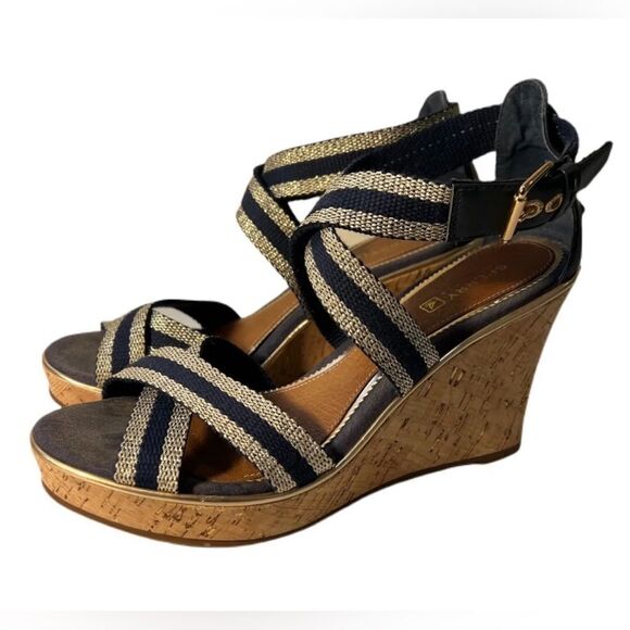 Sperry Top-Sider Harbordale navy/gold web buckle ankle strap cork wedges. 6M NIB - Picture 1 of 8